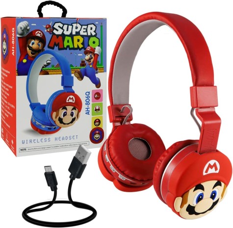 Audífonos de Diadema Bluetooth Plegables Super Mario Hongo Toad Inalambricos Ajustables Manos Libres (Rojo)