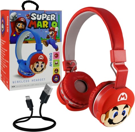 Audífonos de Diadema Bluetooth Plegables Super Mario Hongo Toad Inalambricos Ajustables Manos Libres (Rojo)